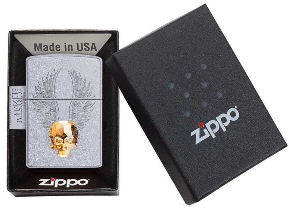 Zippo Windproof Engraved Gold Crystal Skull Emblem Lighter