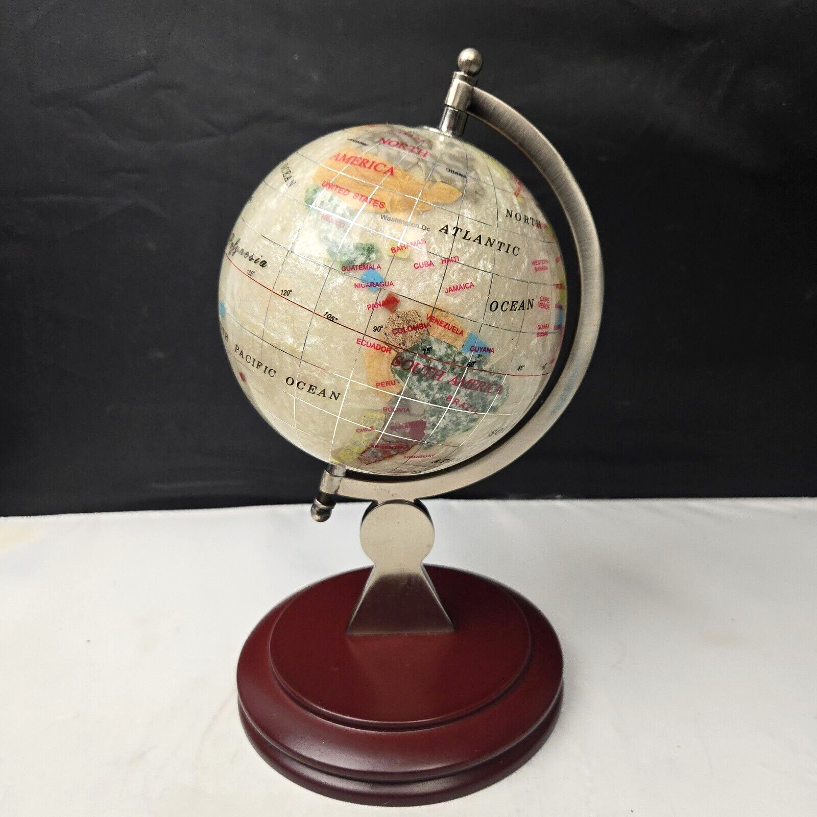 Semi Precious Gem Stone Globe White World Globe Silver & Wood  Table Desk 8.75"