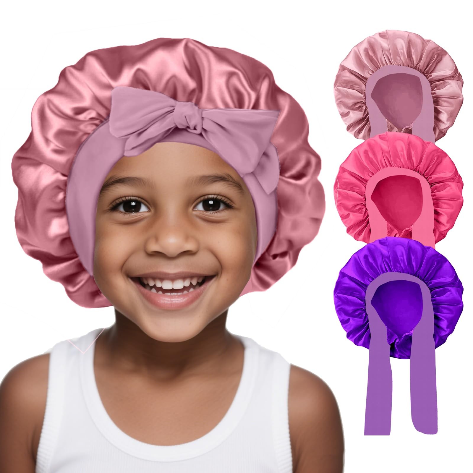 3 Pack Kids Silk Satin Bonnets Toddler Caps for Sleeping Curly Hair Boys Girls