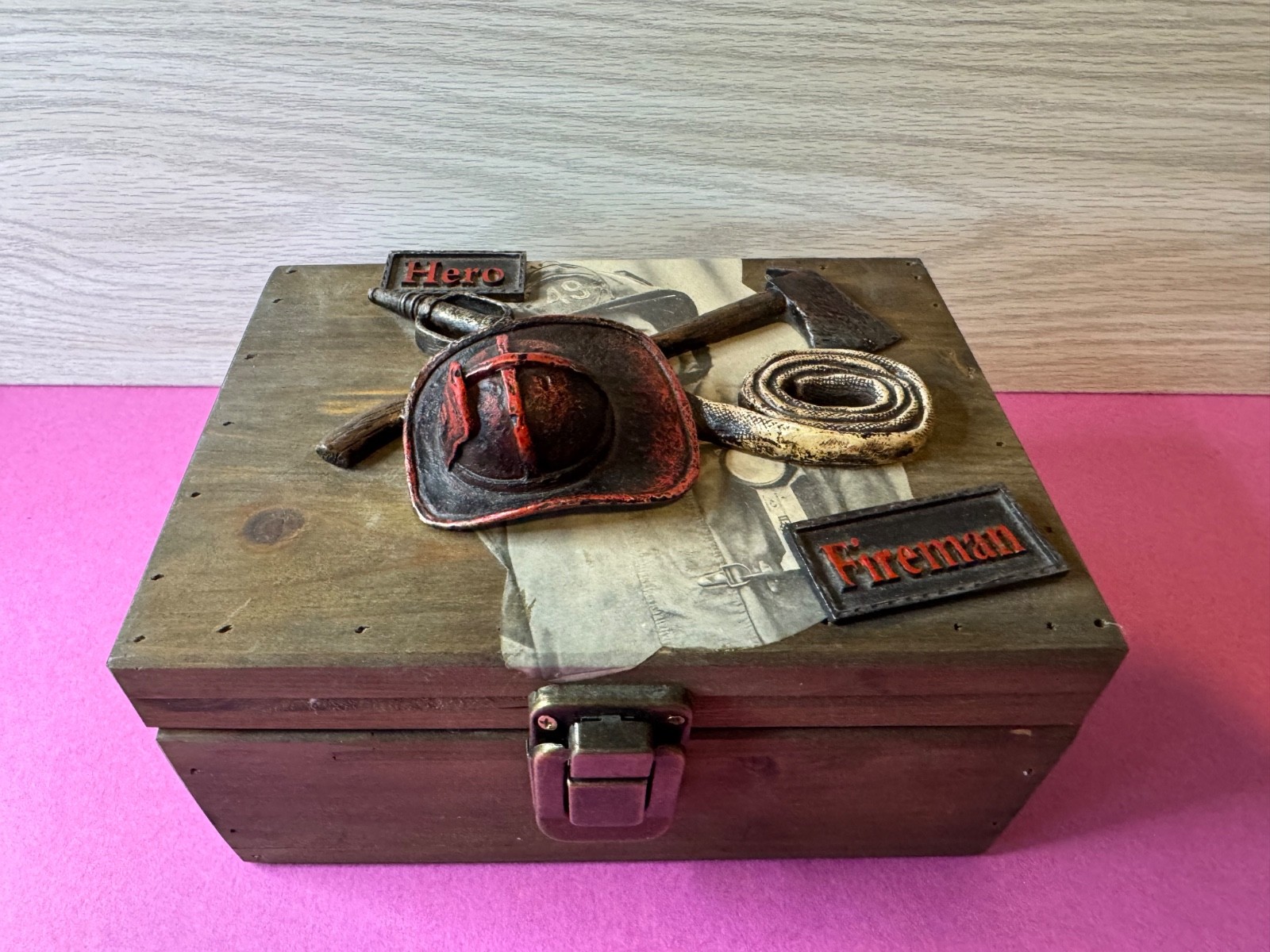 Fireman  decorated wooden box 8x6x4