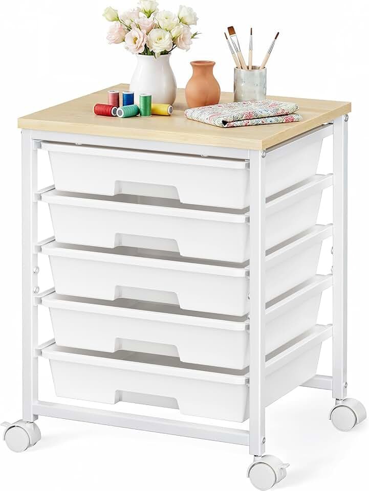 Pipishell Rolling Cart with 5 Drawers, Craft Storage Cart, Class White