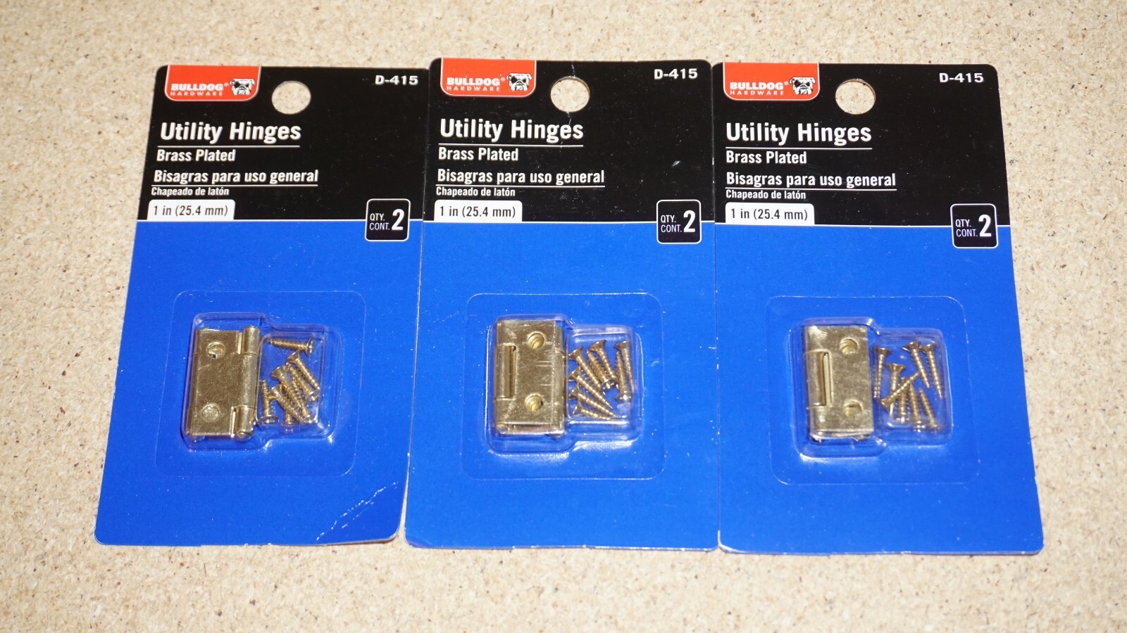 (3 Set) Bulldog Hardware 1" Utility Hinge, Brass Plated, 2pk, D-415