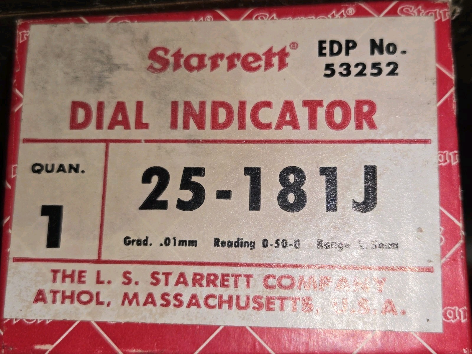 STARRETT 25-181 Reading Dial Drop Indicator 2.5 MM Range