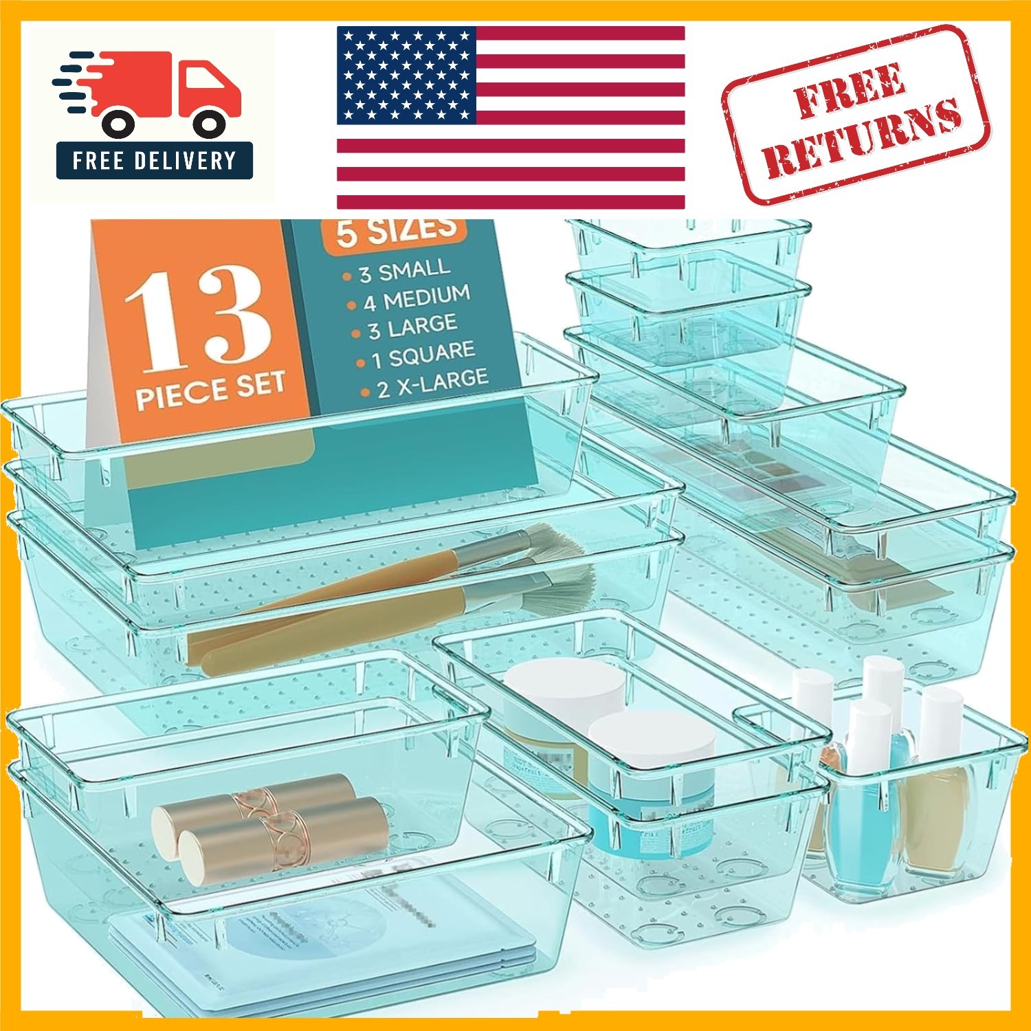 Effortless Organization with 13 PCS Sea Blue Drawer Organizer Trays - 4 Sizes