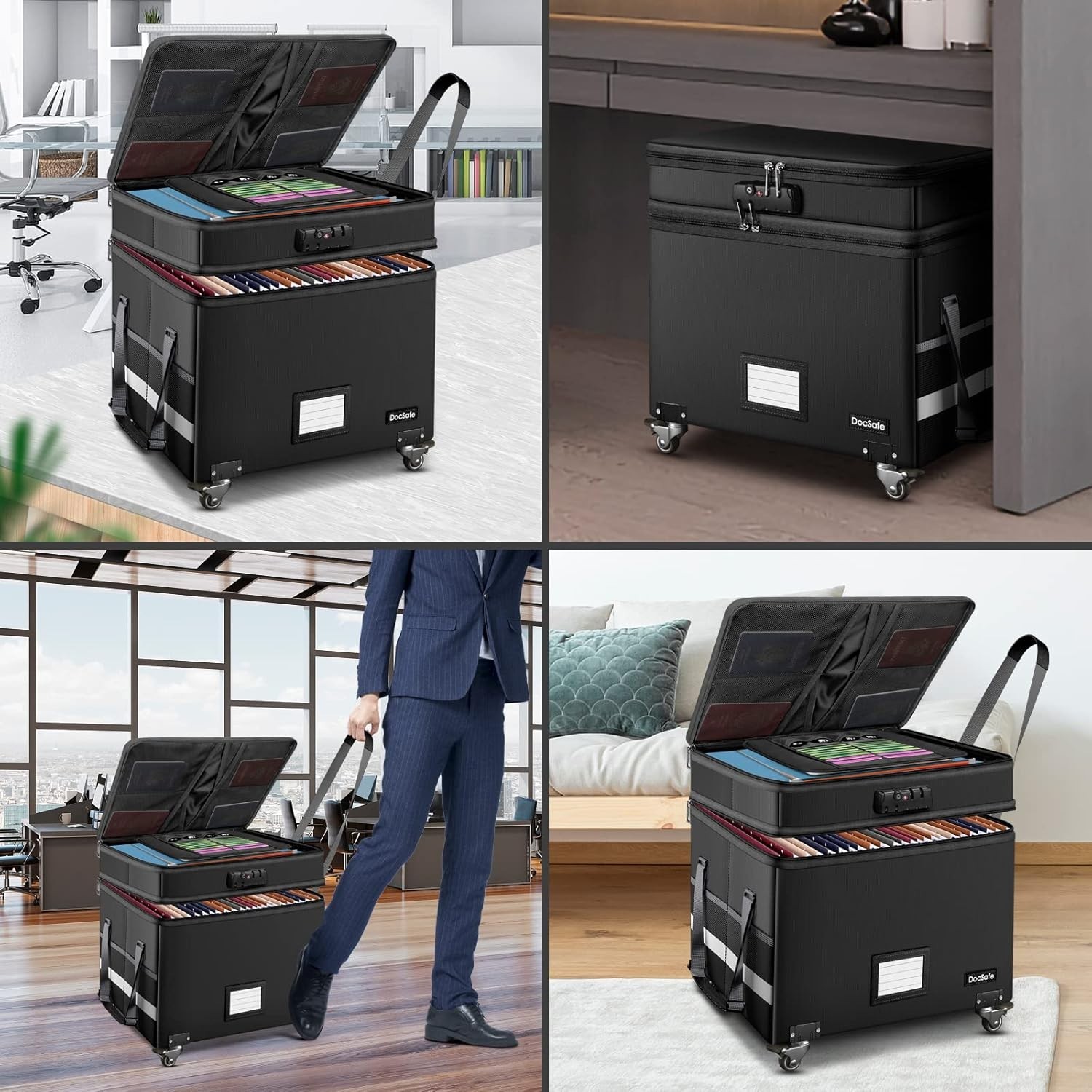 Collapsible Fireproof File Box with Lock and Wheels - Secure Document Storage