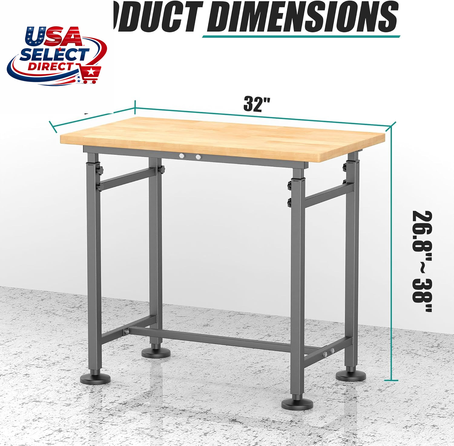 Adjustable Height Workbench for Garage, Heavy Duty Rubber Wood Top