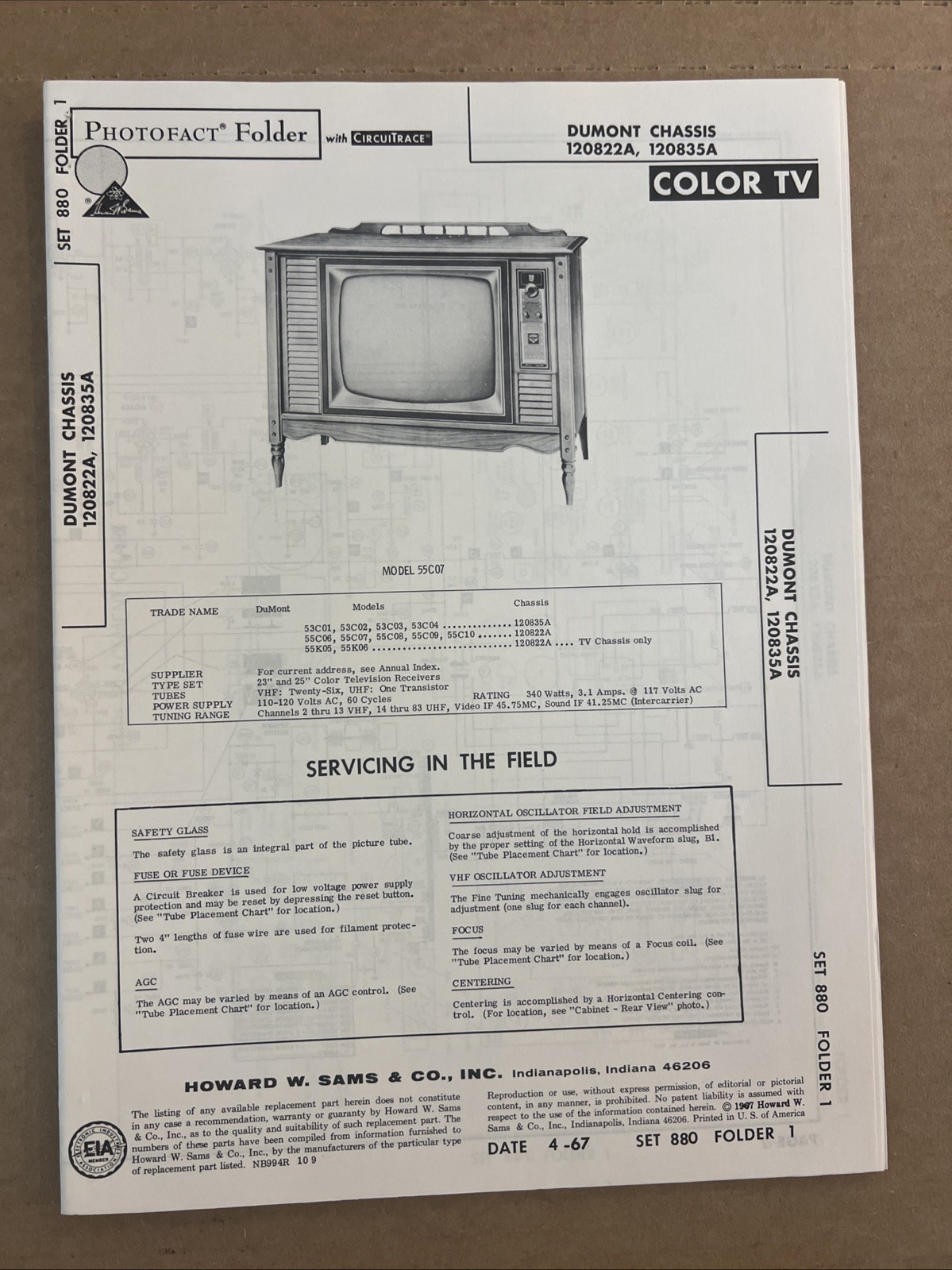 Vintage Sams Photofact Schematic 4-1967 DUMONT CHASSIS 120822A,120835A