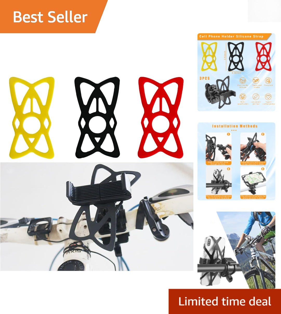 3 PCS Shock-Resistant Silicone Phone Straps for Motorcycle & Bike Mounts