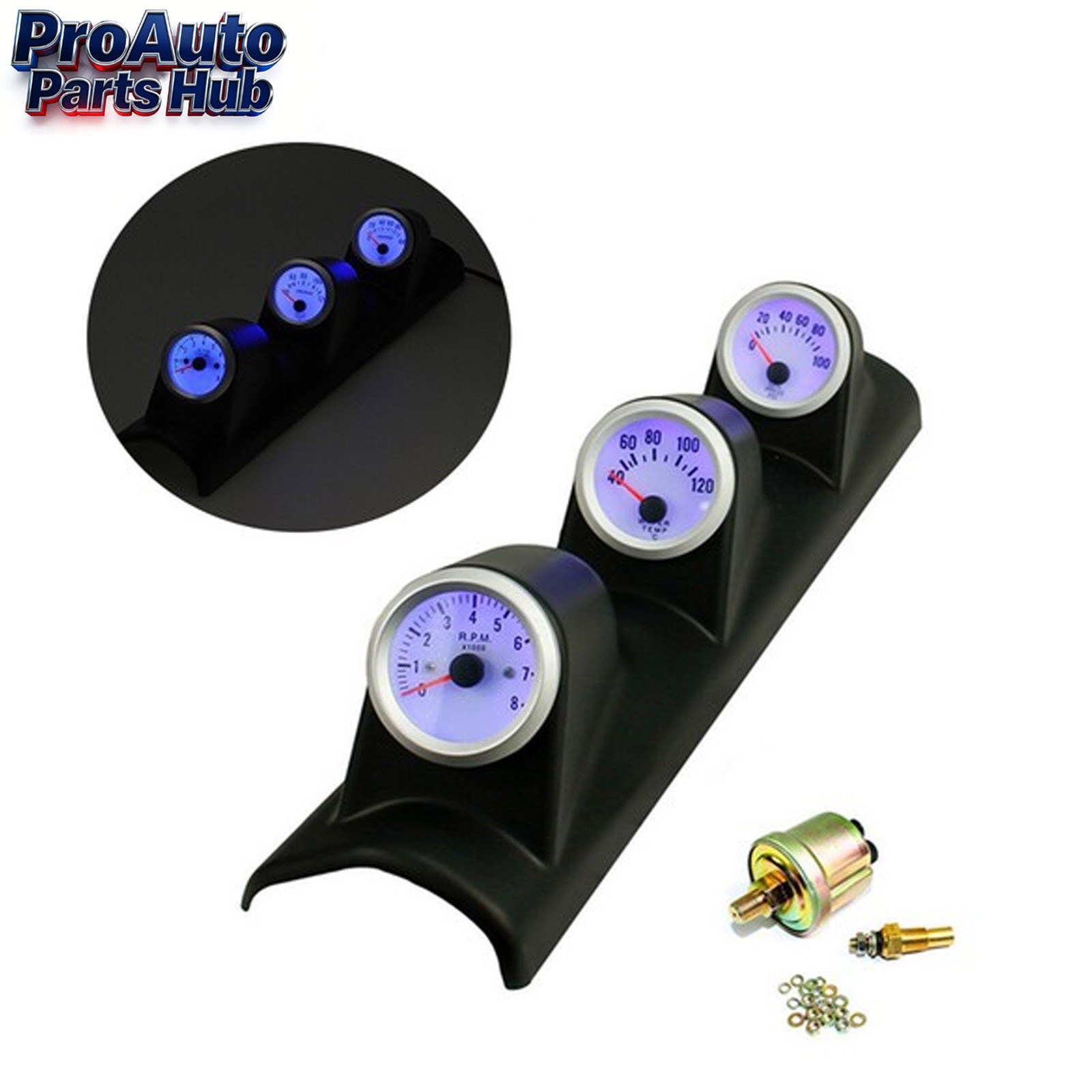 52mm Car Triple Gauge Kit 3in1 Tachometer RPM Water Temp Oil Pressure 12V