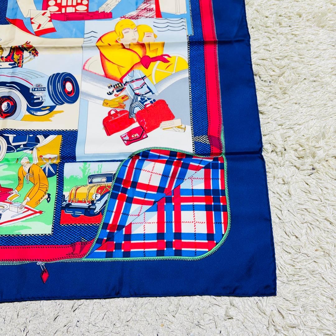 Hermes Carre 90 Car Comfort Silk 100 Blue Large Size