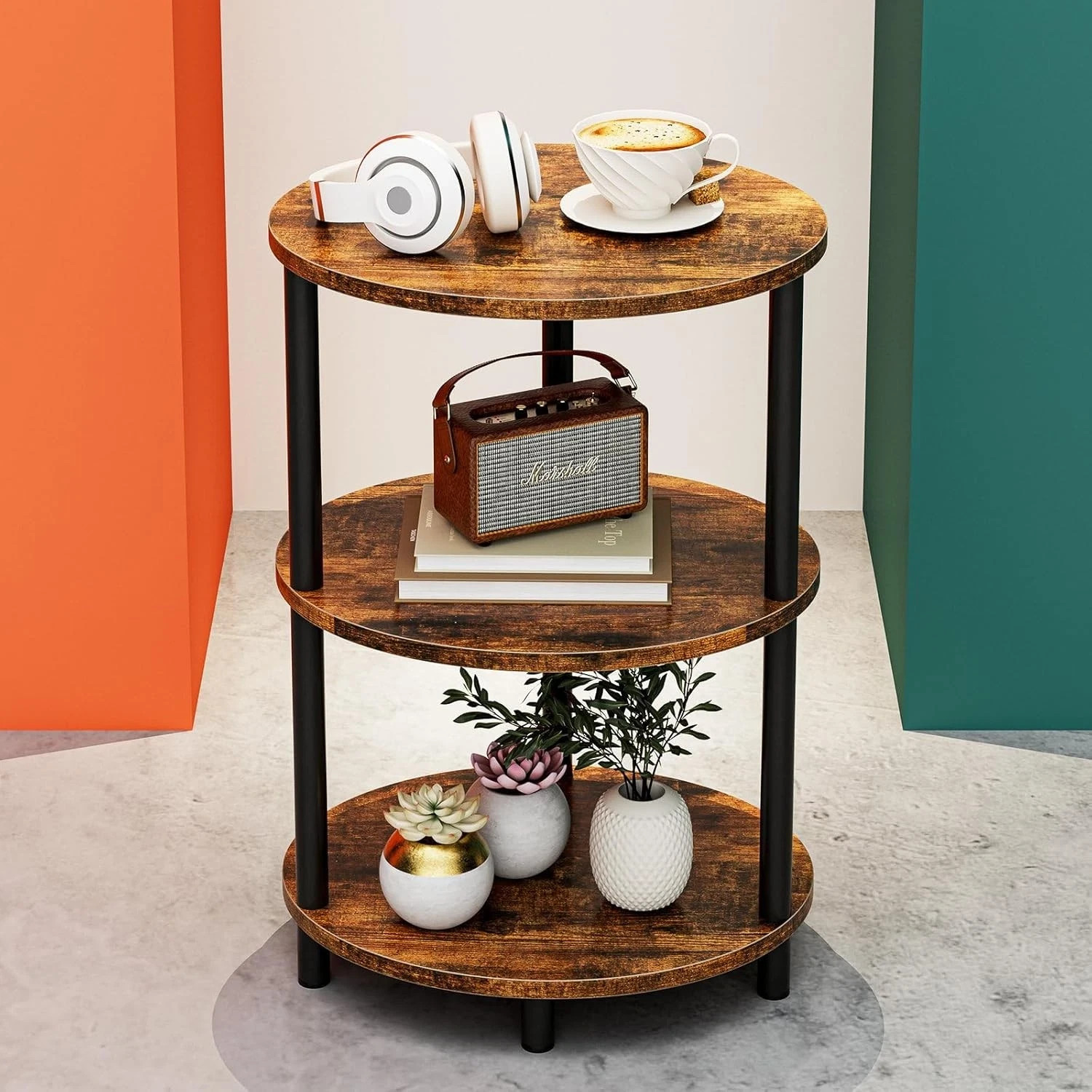 Small Round 3-Tier Side Table Rustic Wood & Metal Accent Nightstand Living Room