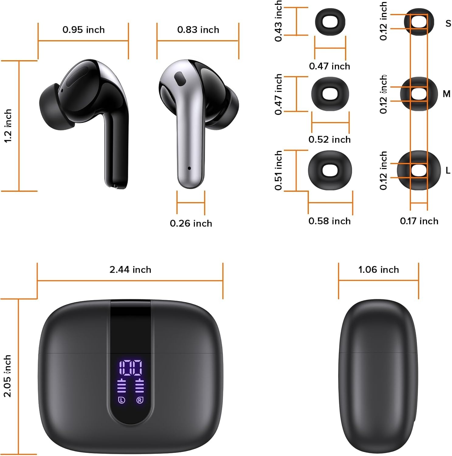 Bluetooth Headphones True Wireless Earbuds 60H Playback LED Power Display