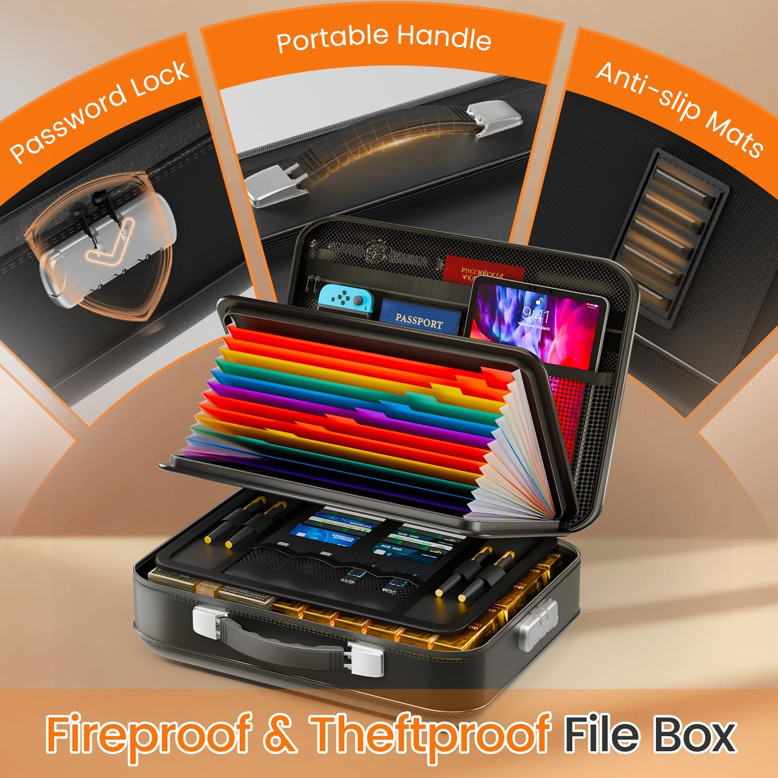 Fireproof Document Box with Lock, 5200°F Fireproof Water Resistant Hard Case ...