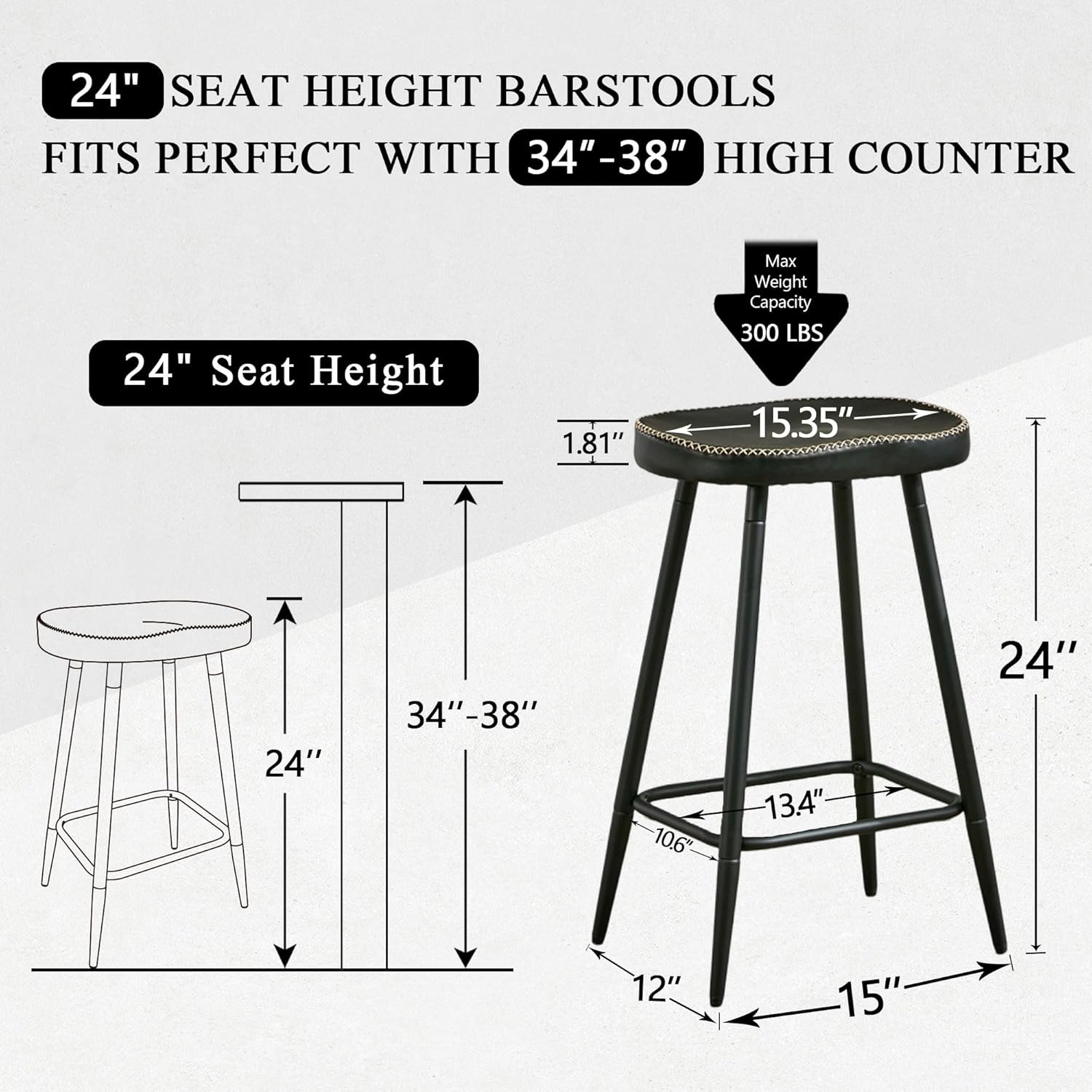 Counter Stools Set of 3, Modern 24 inch Counter Height Stools,Black Faux Leather