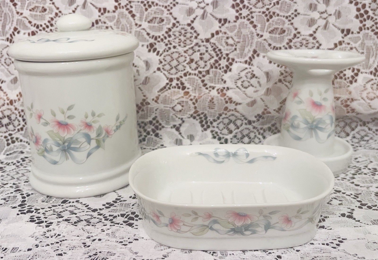 Princess House Blue Ribbon Porcelain 3 Piece Bath Set Cup Soap Toothbrush