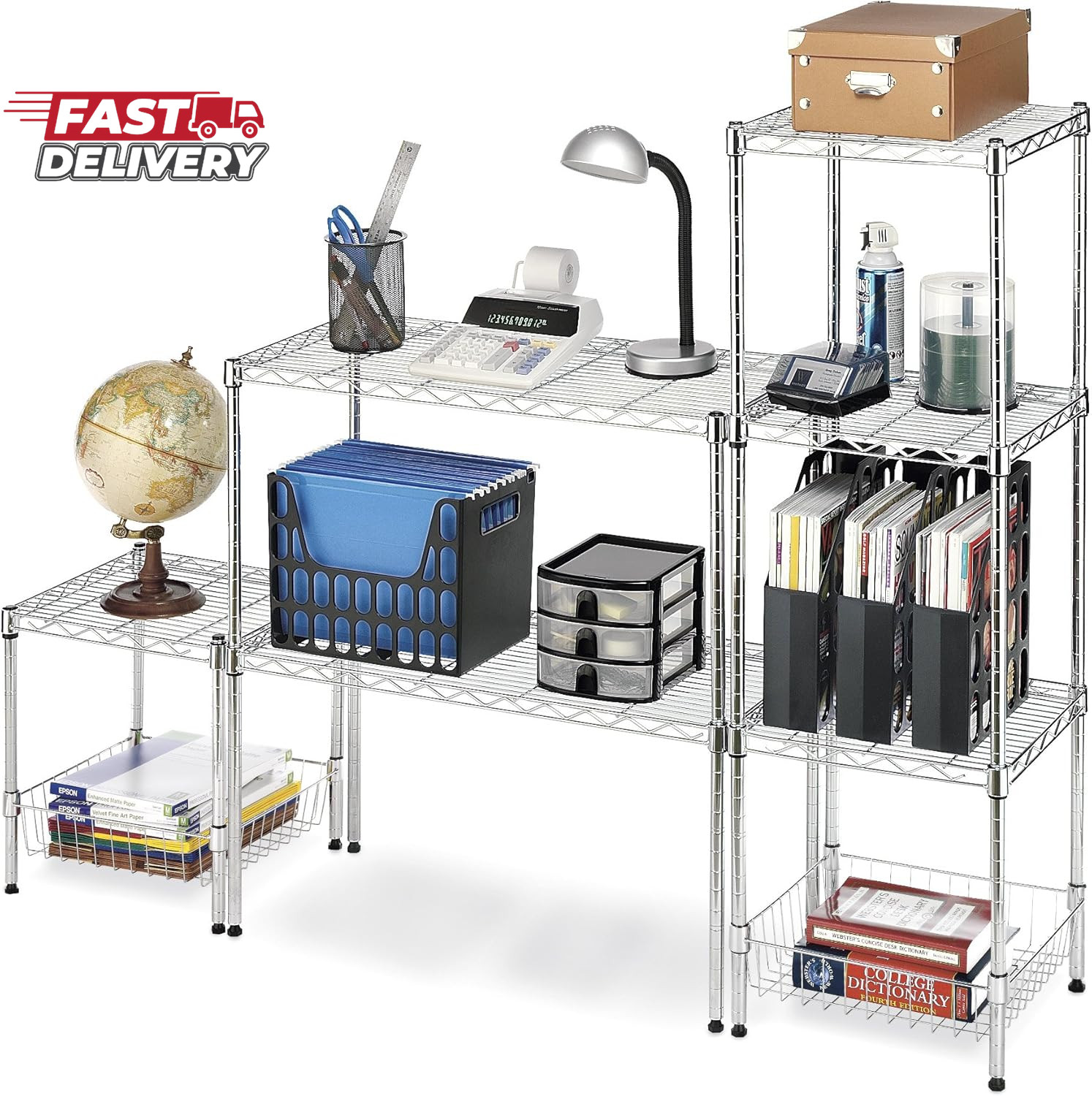 Whitmor Wire Shelving Unit, Metal Storage Shelves, Stacking Shelf with Basket, E