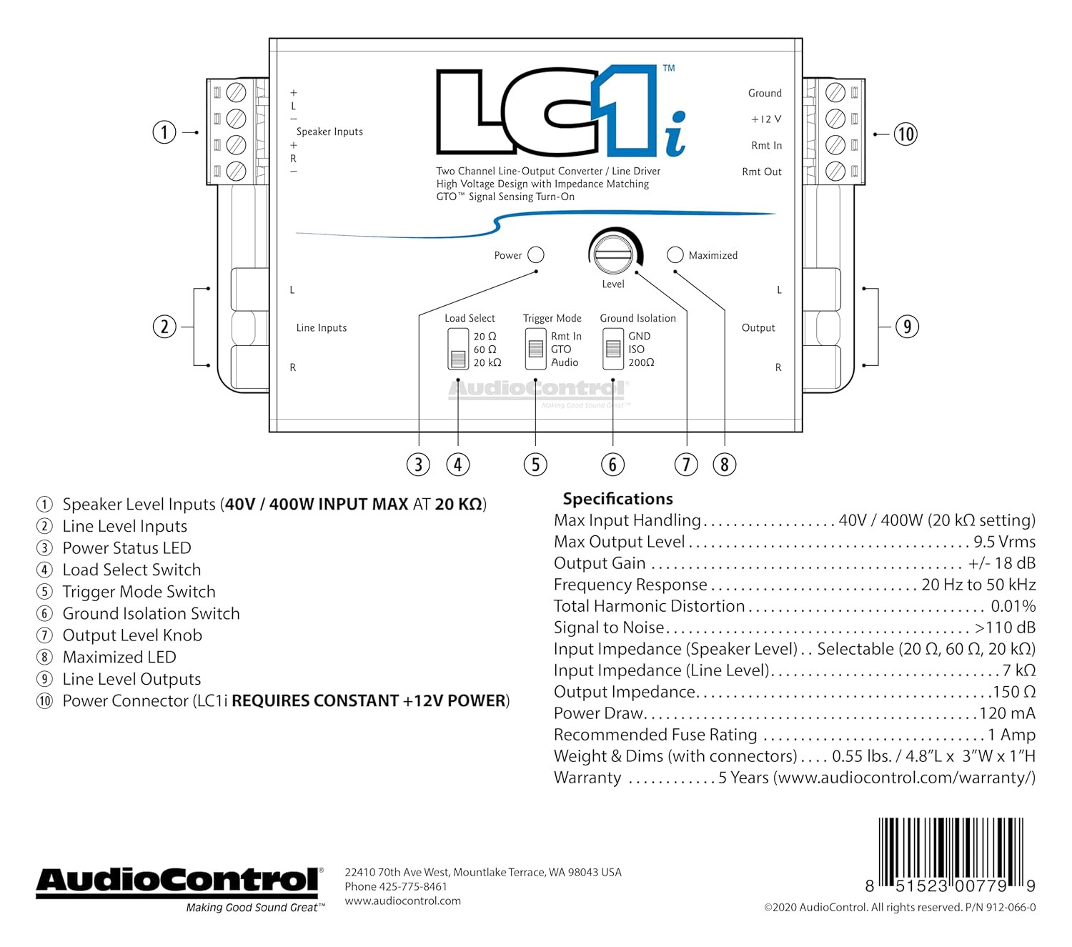 Lc1I Active 2-Channel Line Driver & Line Output Converter for Adding Subwoofers