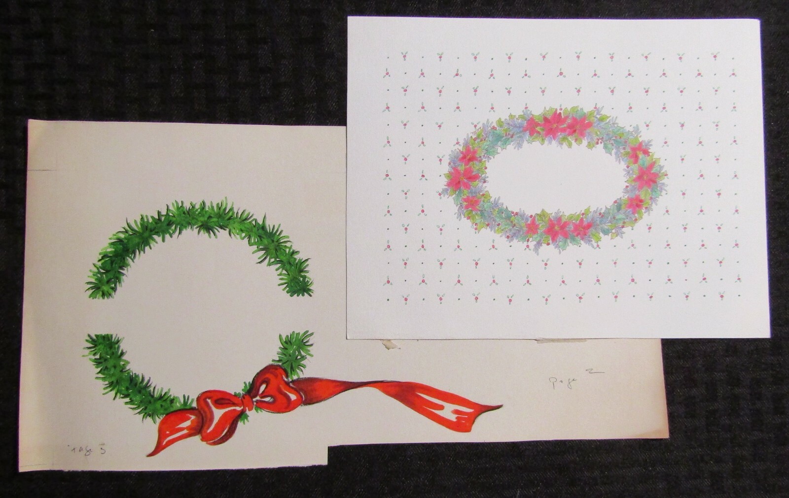 CHRISTMAS Wreaths w/ Poinsettia & Red Ribbon 13x7.25" Greeting Card Art LOT of 2
