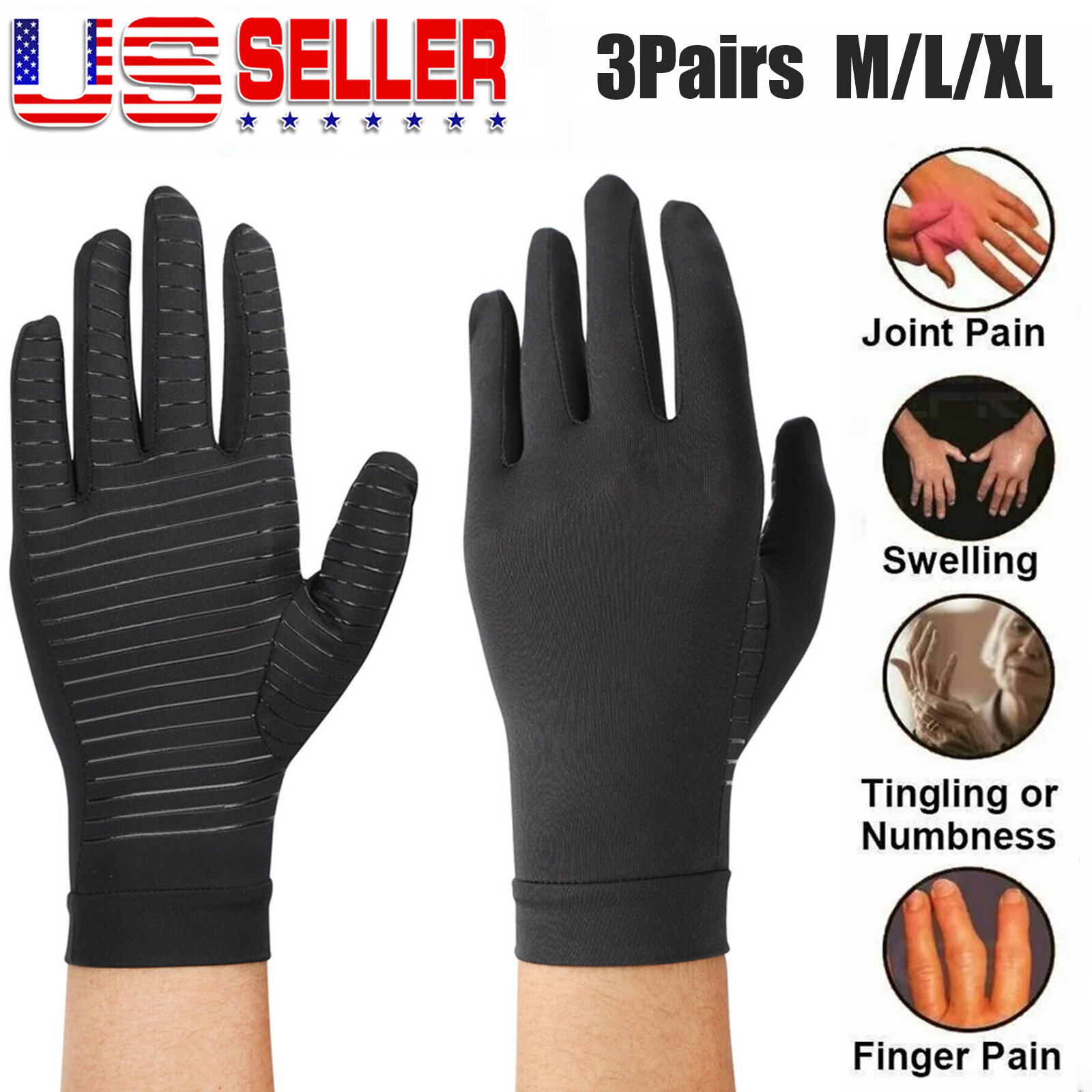 3Pairs Full Finger Copper compression Gloves  Anti Arthritis Wrist Support Glove