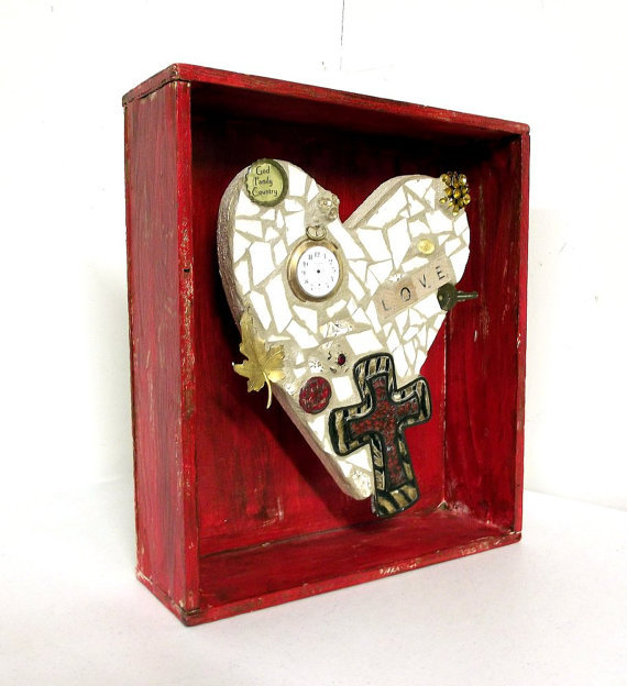 Red and Tan Heart assemblage with cross - mosaic sculpture