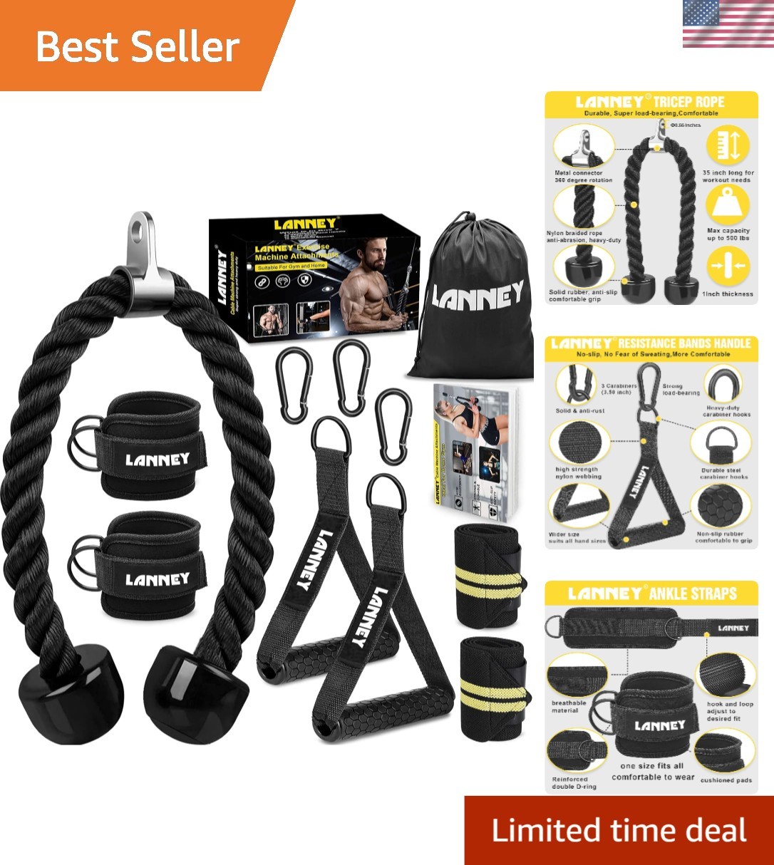 , 35" Triceps Pull Down Rope LAT Pulldown Attachments, Home Gym Accessories S...