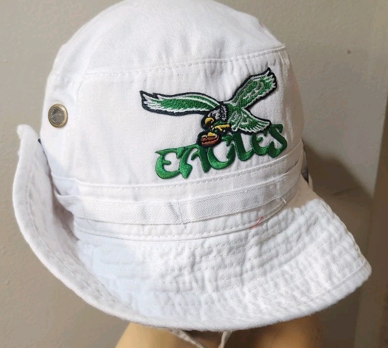 Philadelphia Eagles Throwback White Boonie Hat Side Snaps Up & Chin Strap