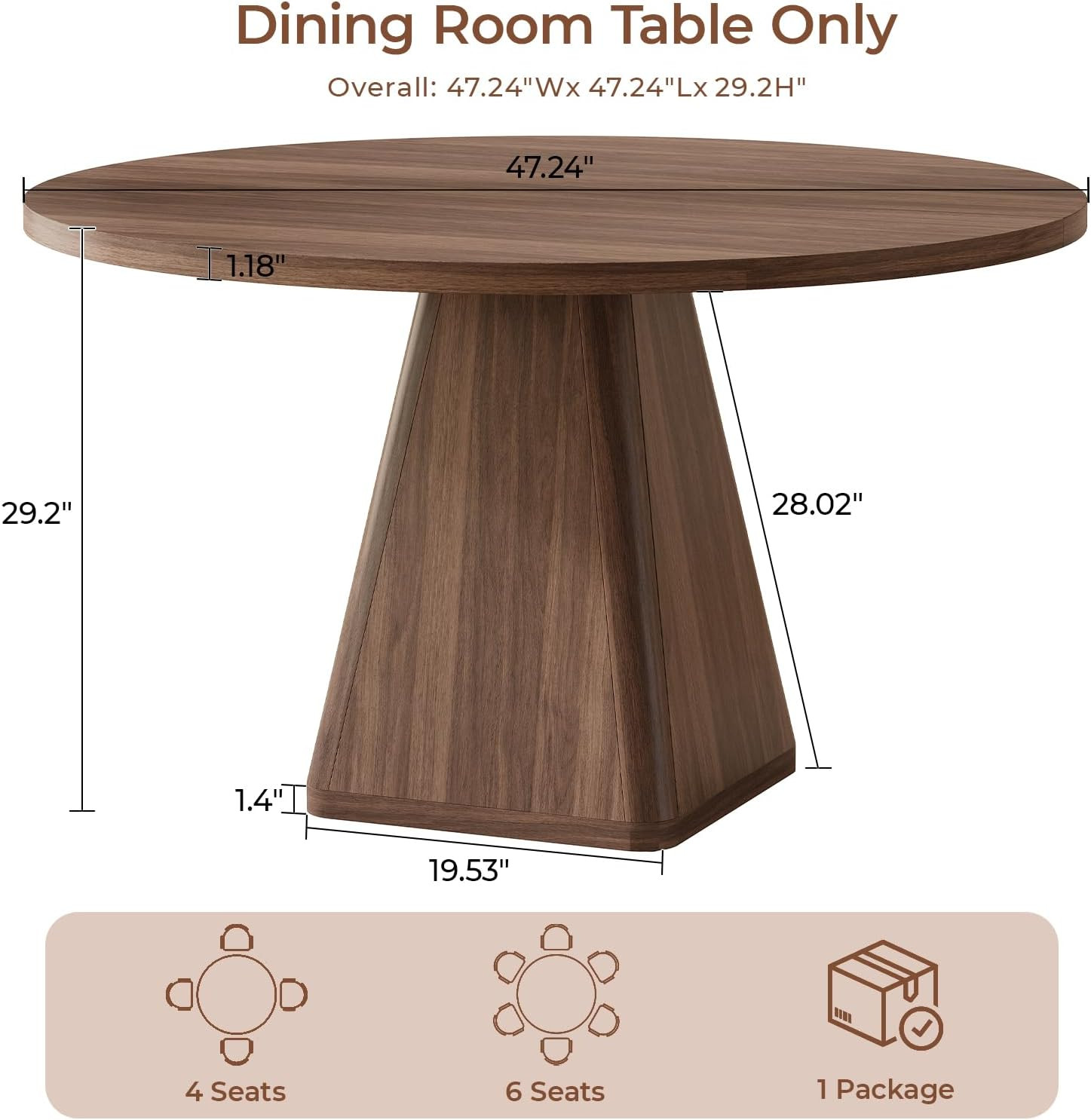 47 Inch round Dining Table for 4-6, Pedestal Kitchen Dinner Table Walnut | Circl