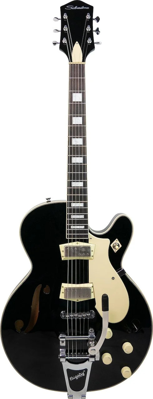 Silvertone Gloss Black Single Cut Semi-Hollow Electric Guitar w/ Bigsby Vibra...