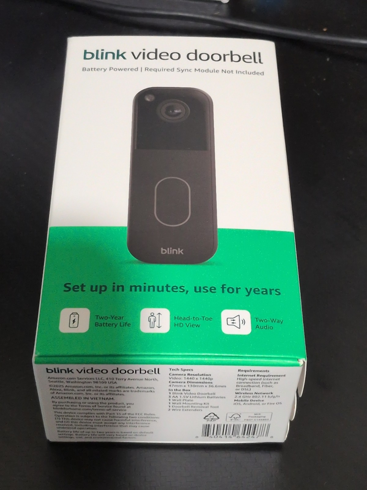Blink Video Doorbell, Wireless with 2 Year Battery Life, Add On Doorbell, Black