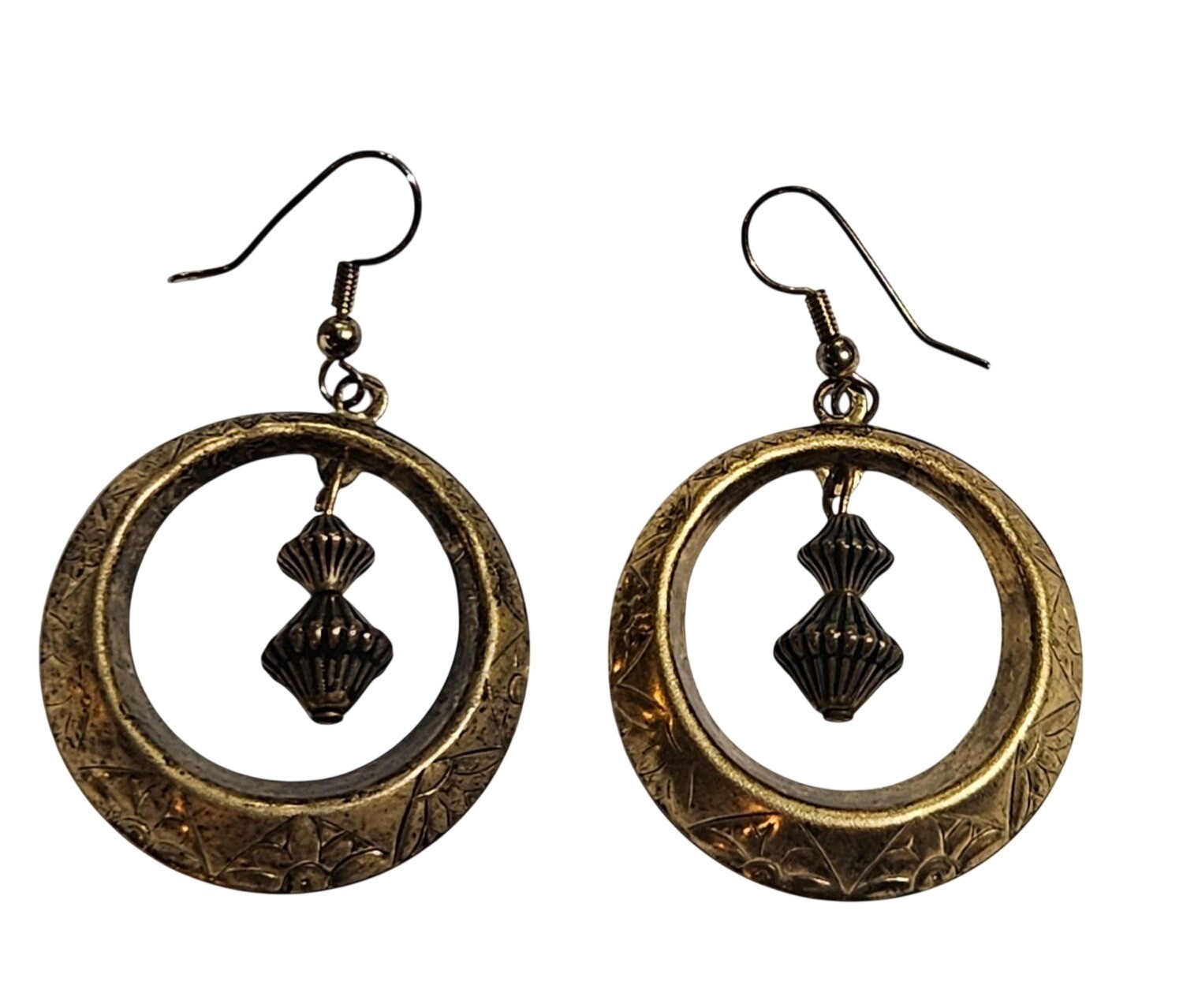 Vintage Goldtone Circle Dangle Earrings Beaded 1.25 inches