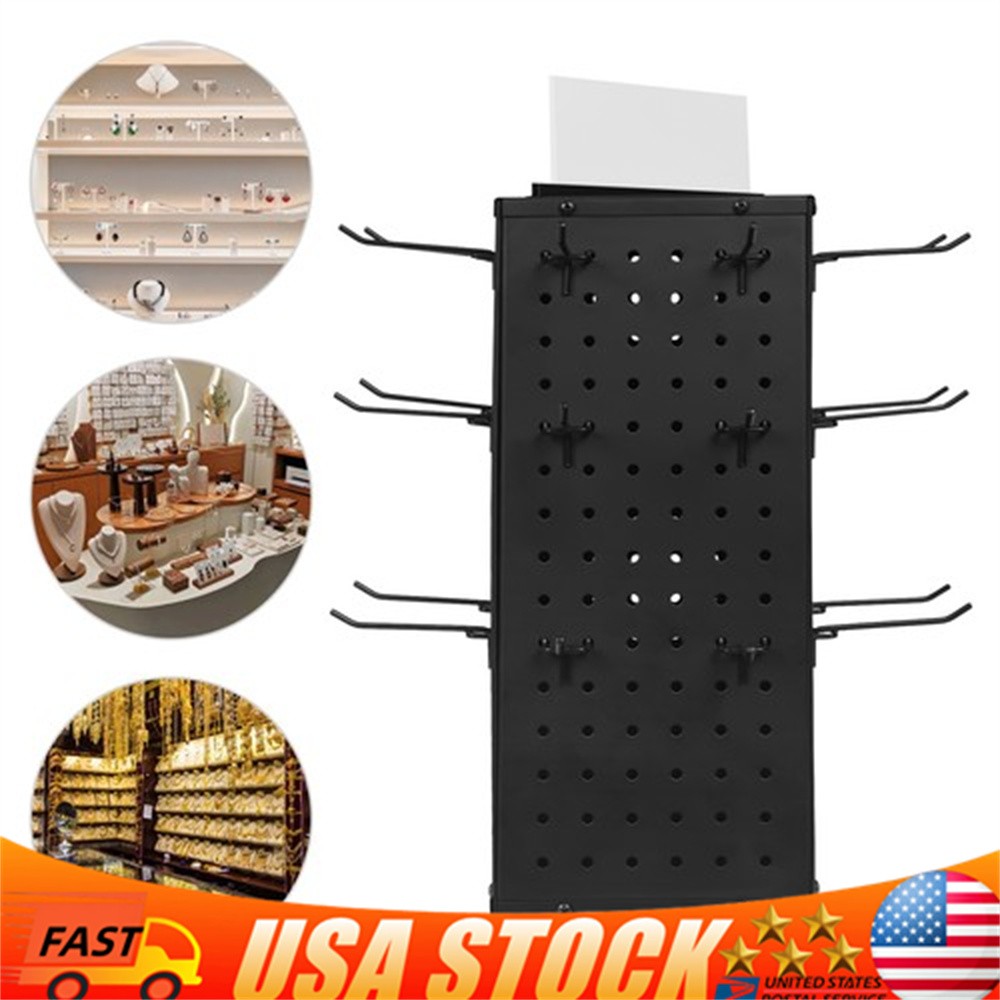 Rotating Pegboard Display Stand with 24 Hooks - 4-Sided Metal Spinning Peg Board