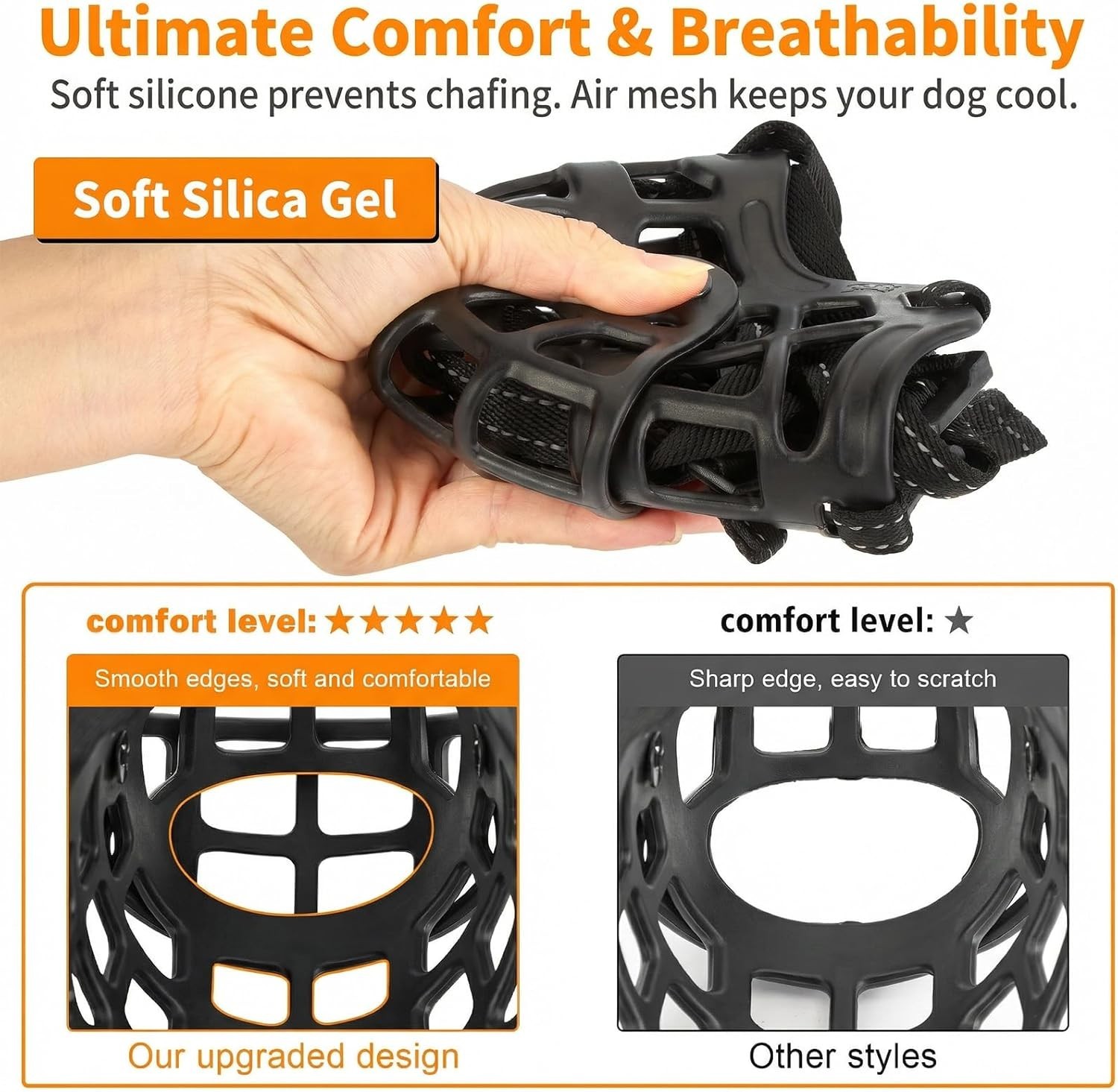Silicone Dog Muzzle Adjustable XL Black Easy Clean