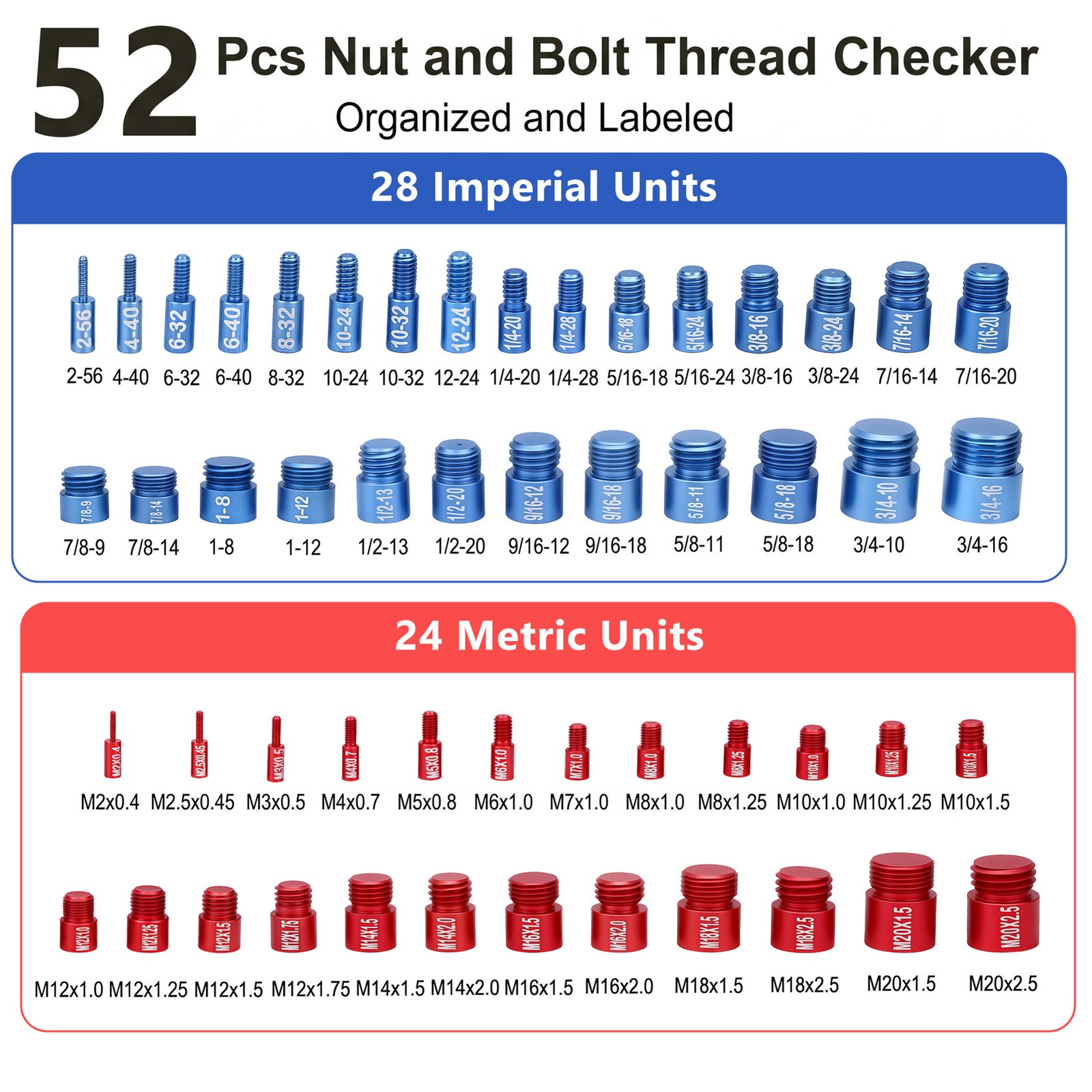 52pcs Inch & Metric Set Nut & Bolt Thread Checker Identifier Thread Gauges Box