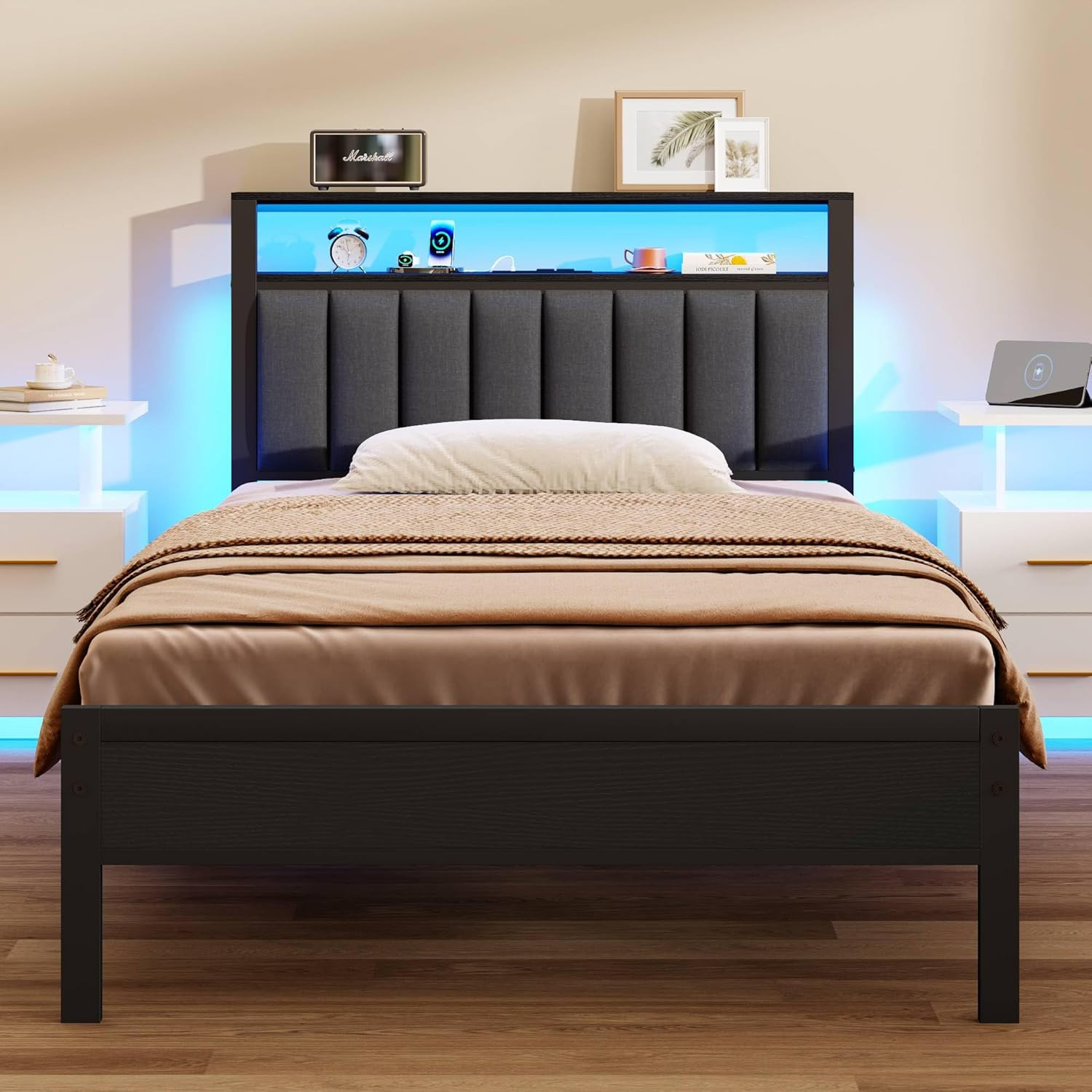 Twin Bed Frame with Charging Station, LED Lights & Storage Shelves - No Box Spri