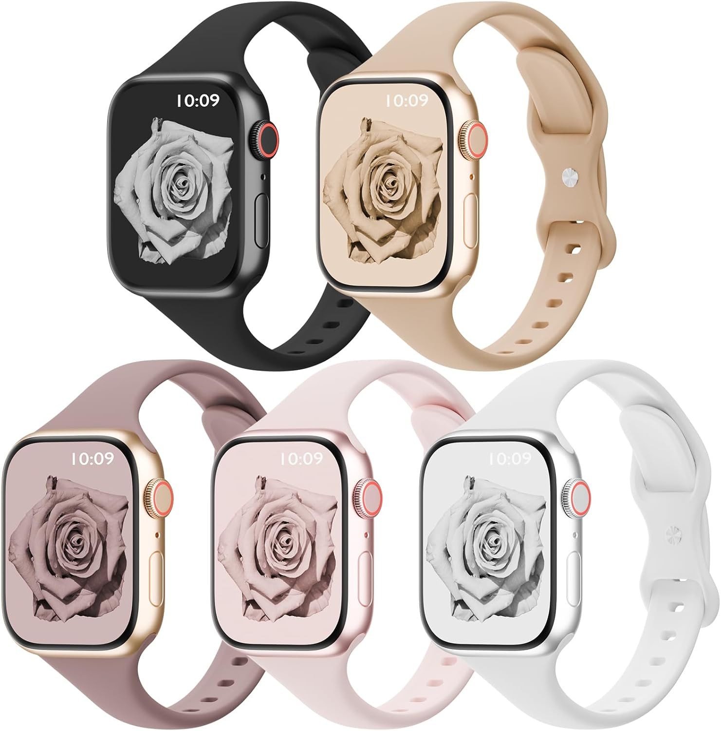 5 Pack Silicone Slim Bands Compatible with Apple Watch 38mm 40mm 44mm