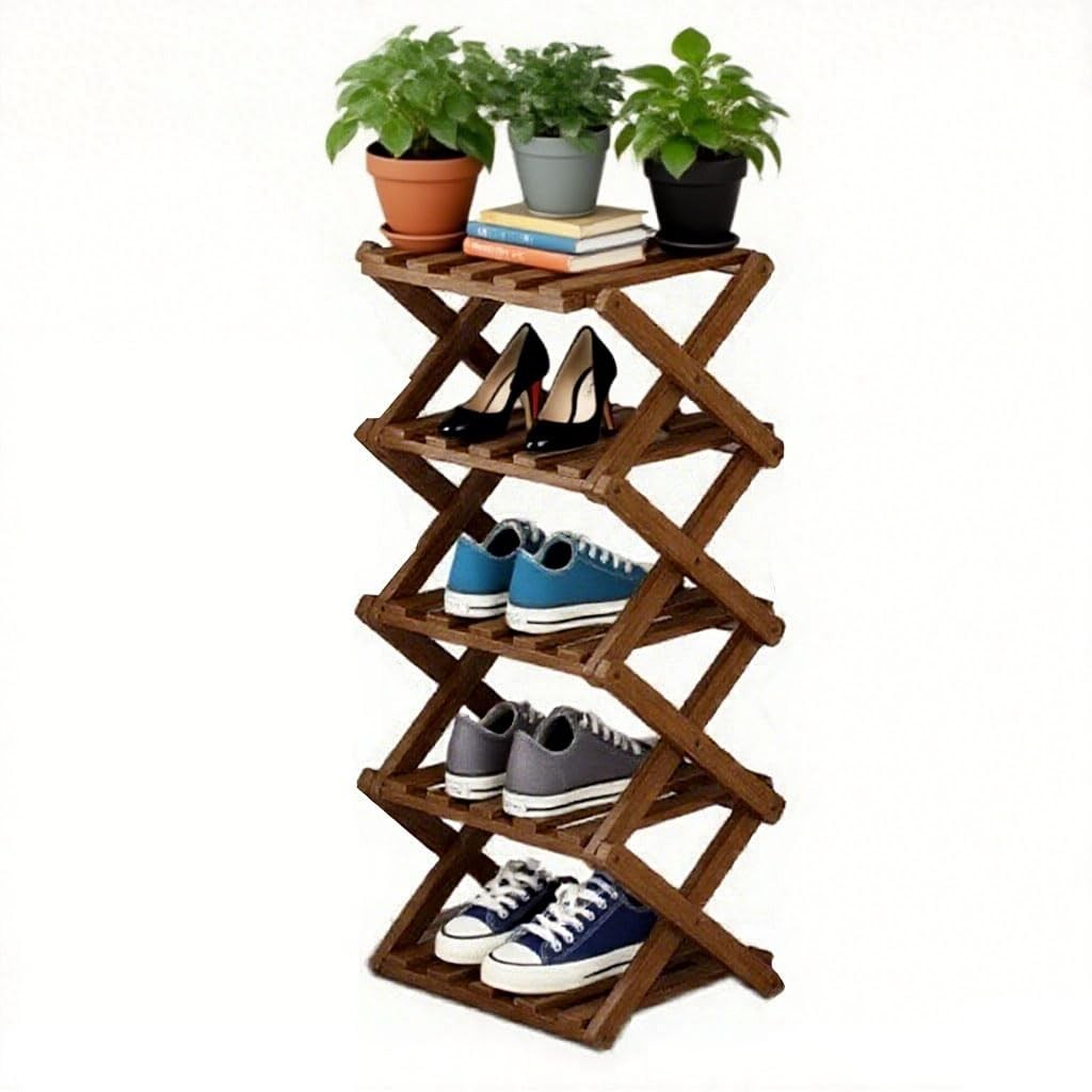 Ayedvan Bamboo Foldable Shoes Organizer Shoe Rack Free 5 Layers, Tawny