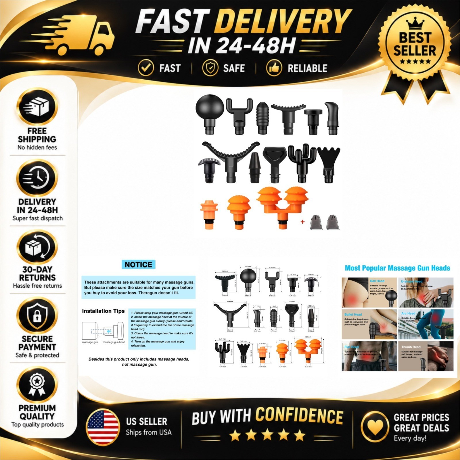 AiRelax Massage Gun Attachments 15 PCS | Deep Tissue Muscle Massage