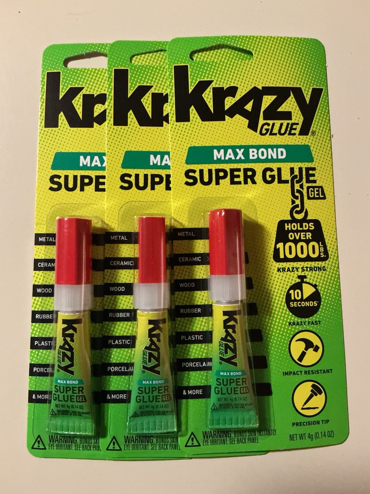 3 TUBES OF KRAZY GLUE MAX BOND SUPER GLUE JEL. .14OZ. 4GRAM