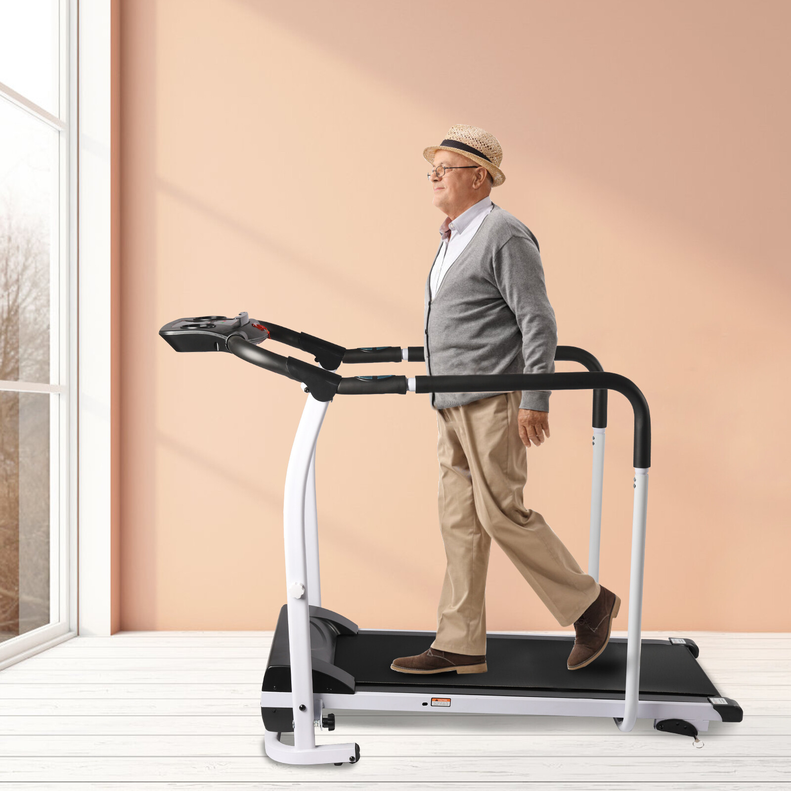 Walking Treadmill with Full Length Handrails &Heart Rate Sensor Recovery Fitness