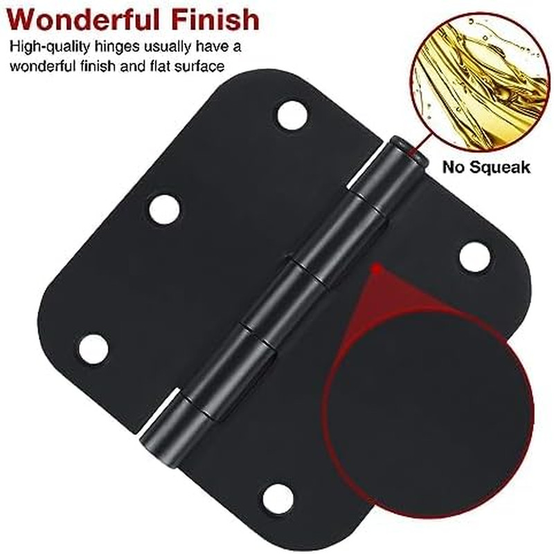 Matte Black Rounded Door Hinges 3.5" - 36 Pack, No Squeak, Versatile Use