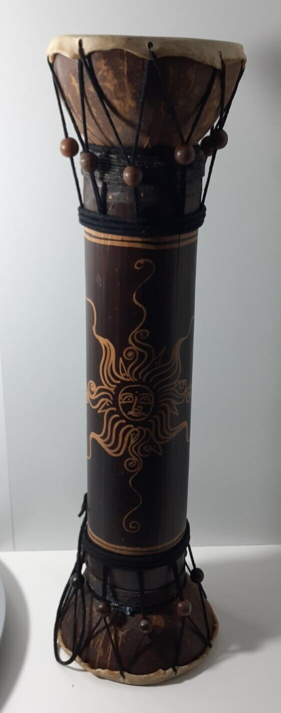 Handmade Drum Bongo Djembe Double Sided Bamboo Coconut Sun Face Carved- 18" Tall
