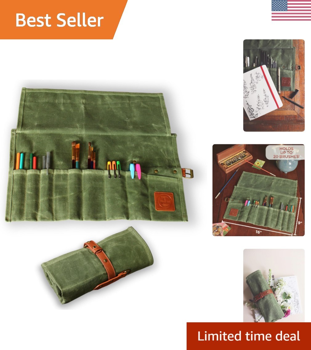 Portable Green Paint Brush Case with 9 Pockets - Perfect for Outdoor Artists
