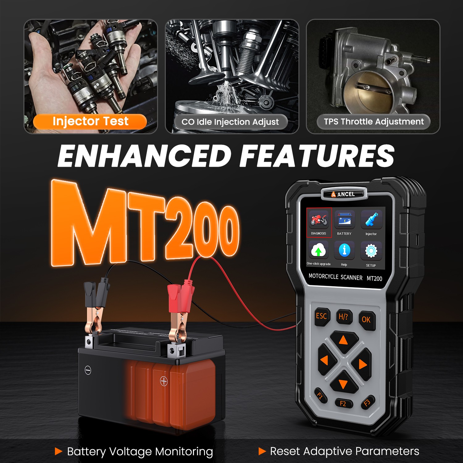 ANCEL MT200 OBD2 Motorcycle Scanner Full System Diagnostic Tool Battery Injector