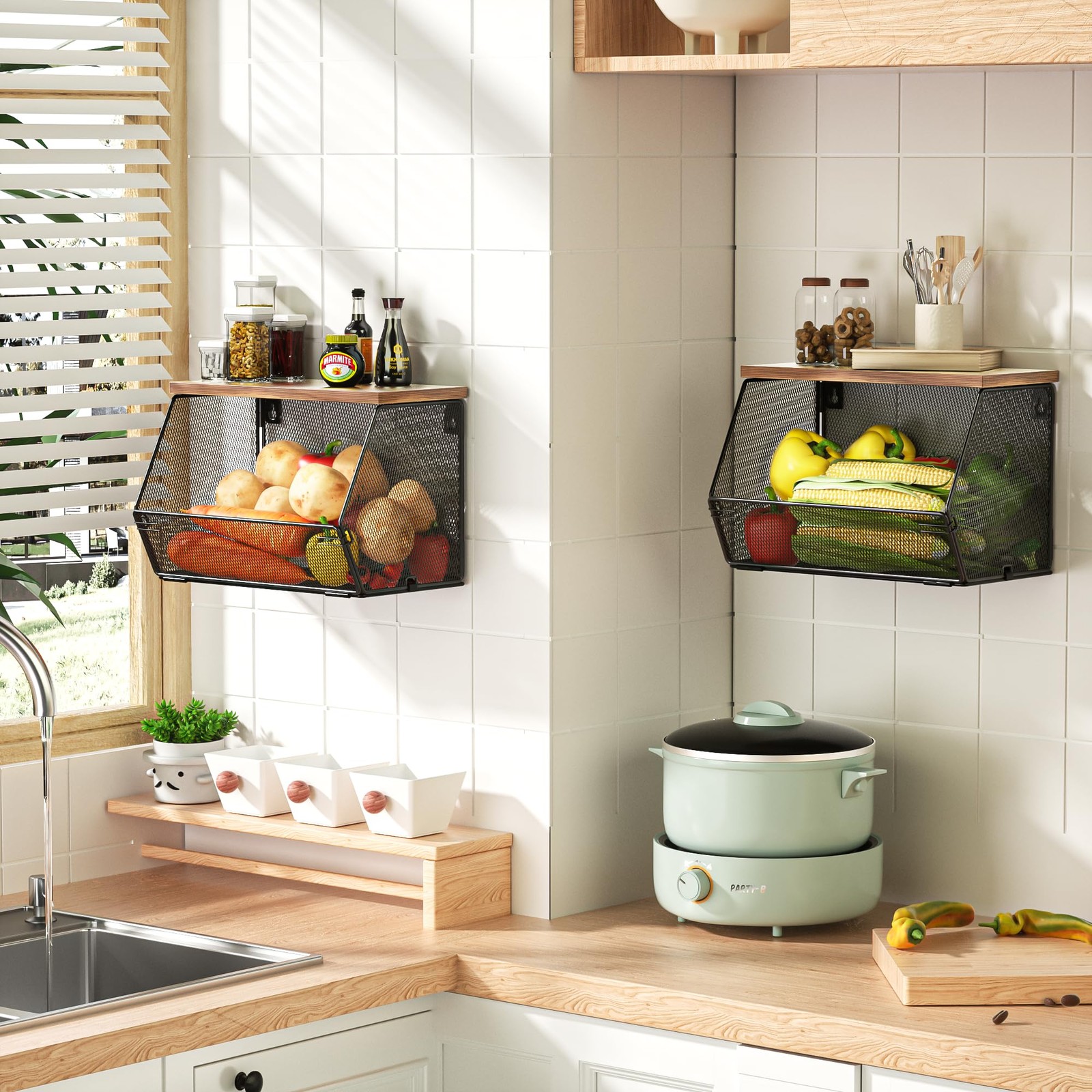Stackable Fruit Basket for Kitchen Countertop Space Saving, Wall Mounted Mesh...