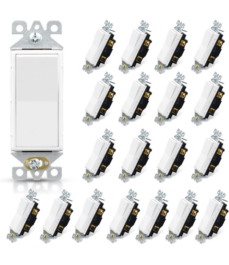 20 Pack Glossy White Single Pole Decorator Light Switch, 15Amp, 120-277V, UL