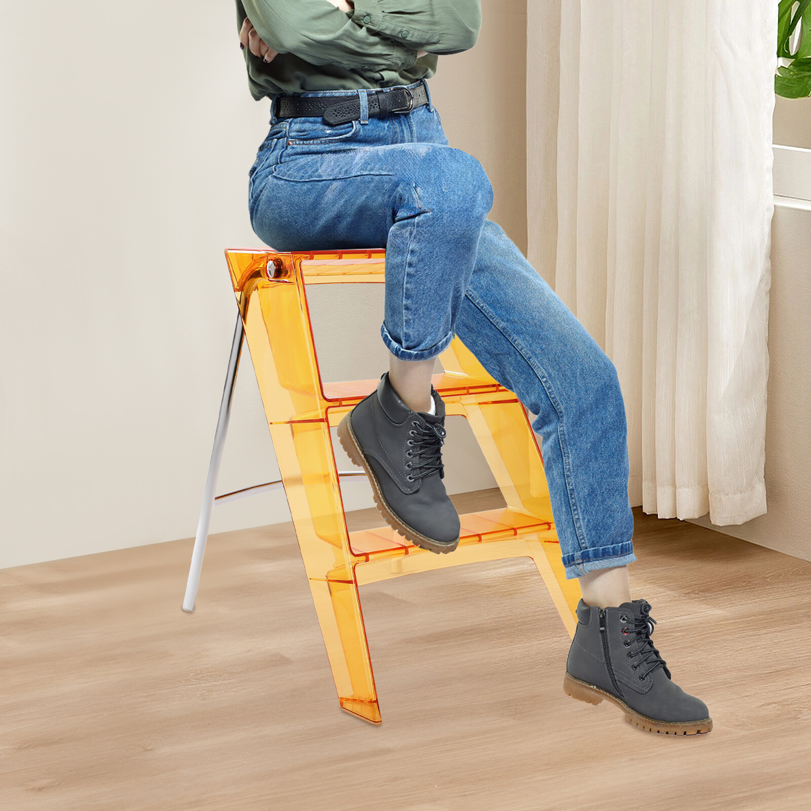 3 Step Ladder Folding Step Stool Orange Folding Step Stool for Adults 44*52*63cm