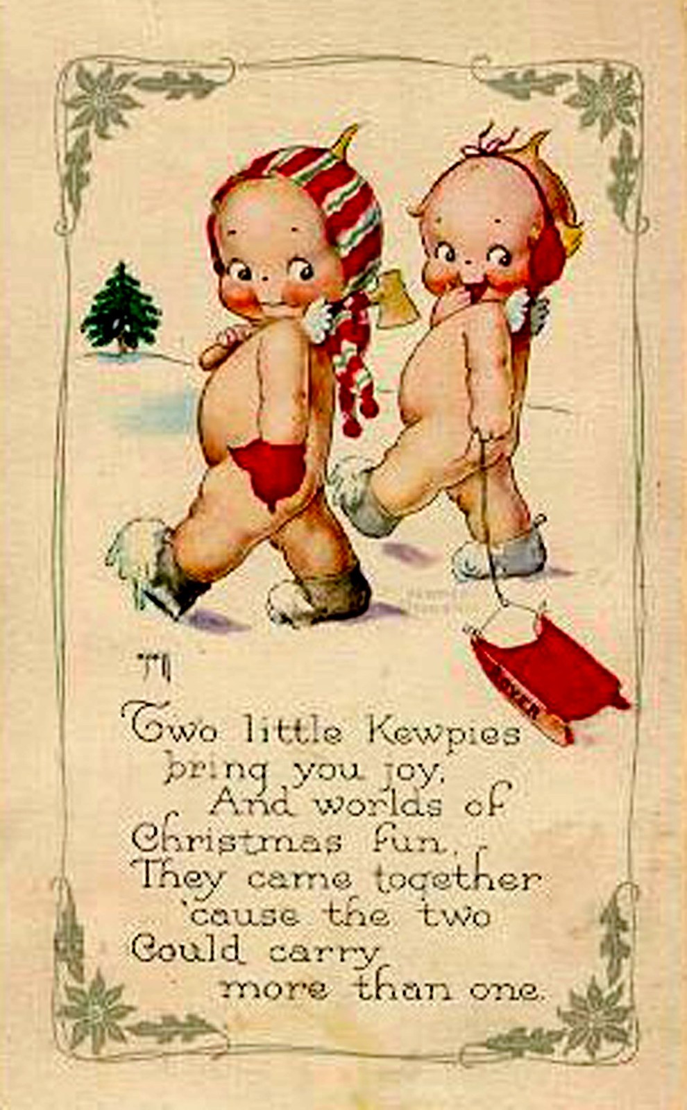 Kewpies ~ Two Bring You Christmas Fun In Snow With Sled Postcard COPY #10837