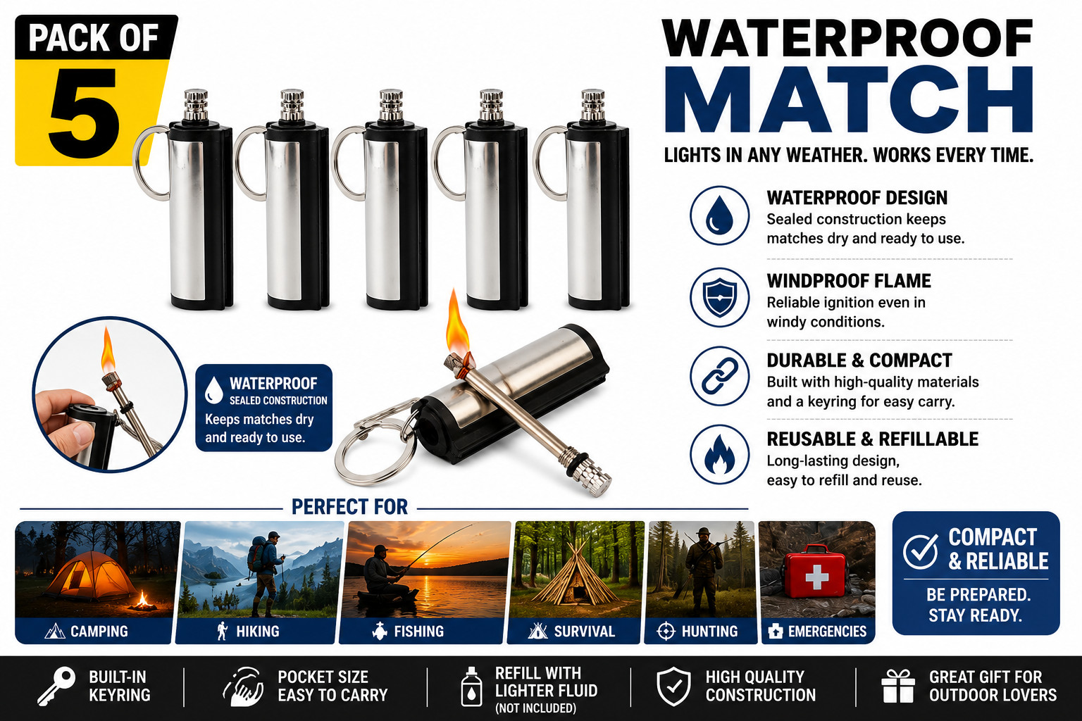 Pack of 5 Waterproof Match Permanent Fire Starter Survival Camping
