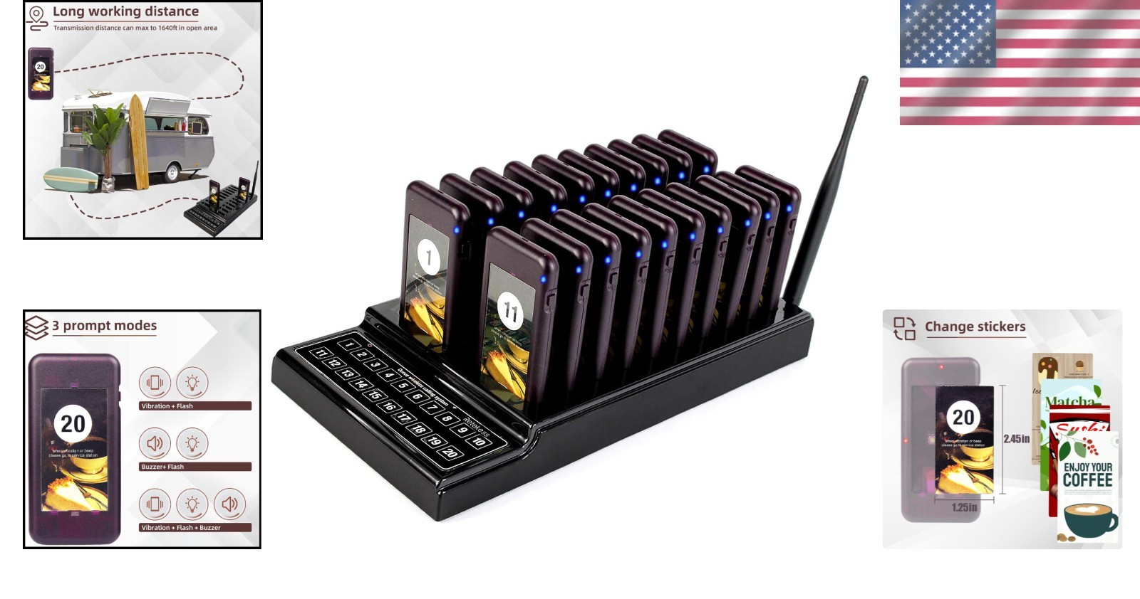 20-Unit Restaurant Buzzer System, 1640ft Wireless Range for Food Trucks & More