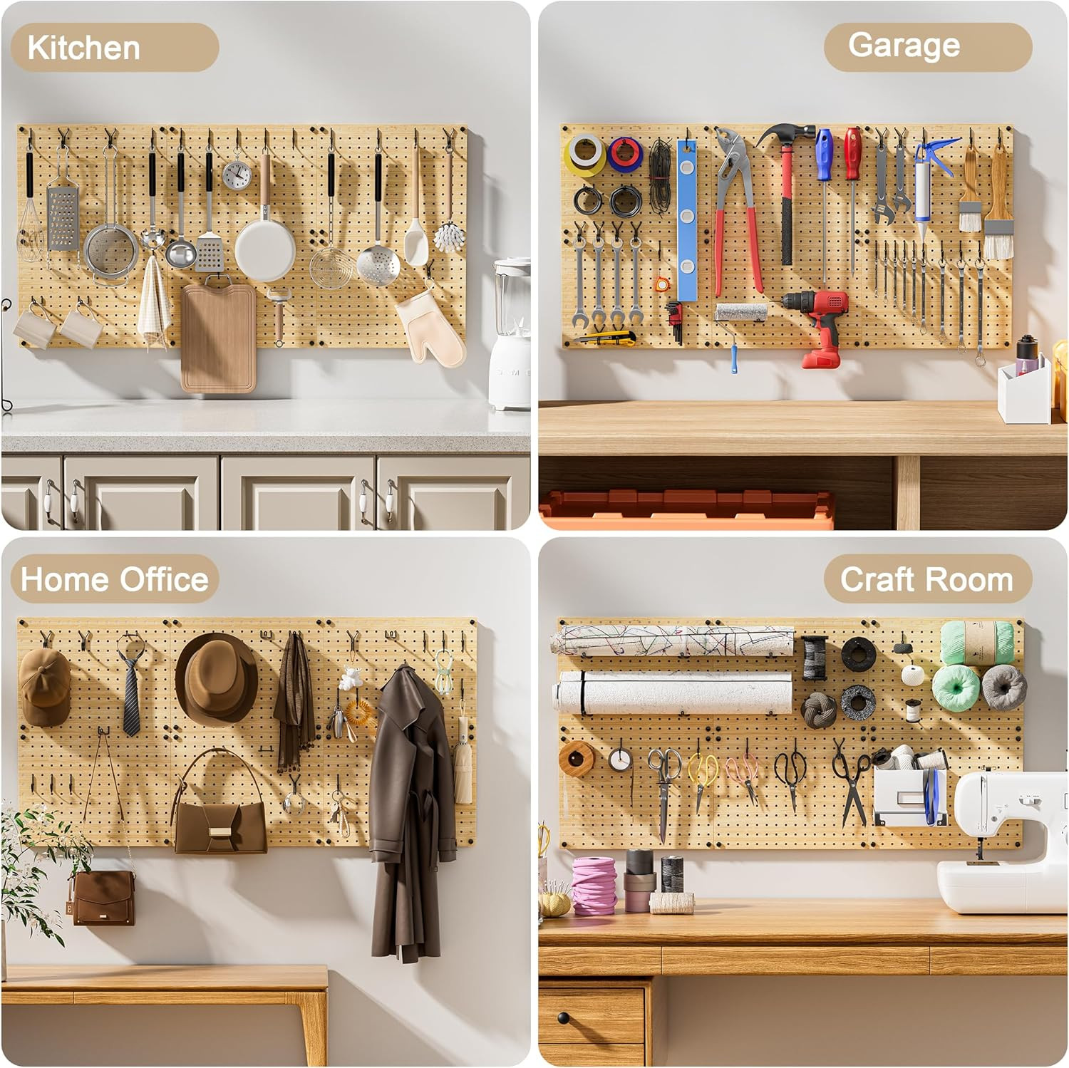 Eco Friendly Bamboo Pegboard Organizer Set 39 Piece 4 Panel Wall Storage 35Hooks